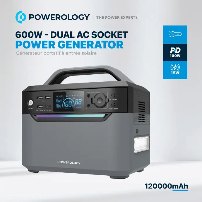 ژنراتور پاورولوژی قابل حمل Powerology 120000mAh Portable Power Generator Fast Charging 384Wh 600W