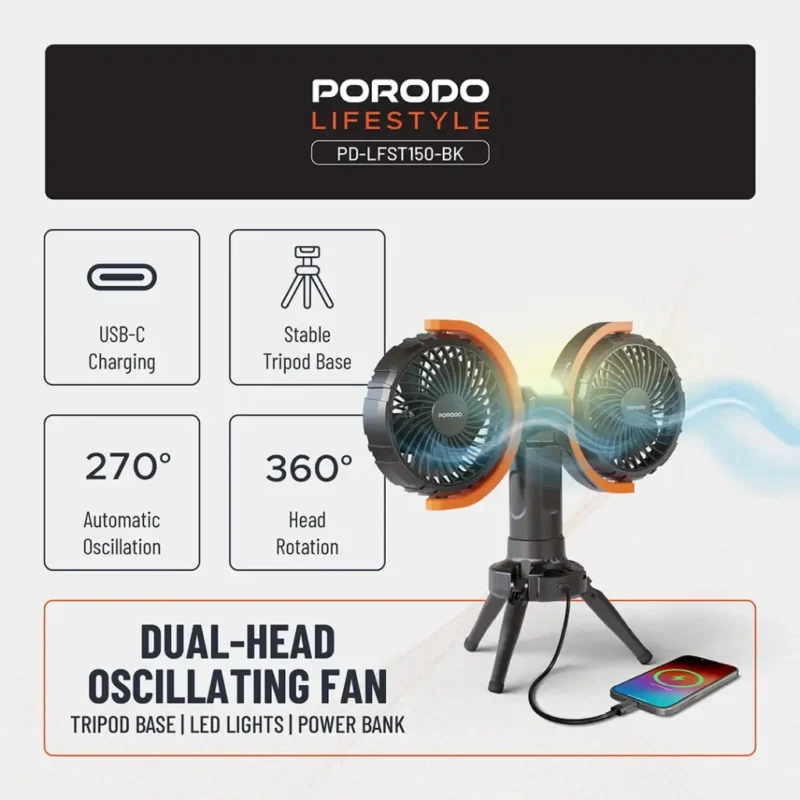 Porodo Lifestyle Dual Head Oscillating Fan Black 1