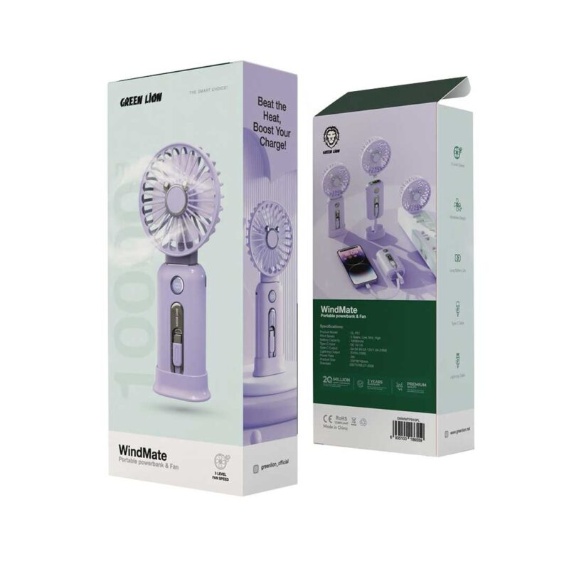 Green Lion Smart Appliances Lifestyle WindMate Portable Power Bank Fan 3 Level Speed Purple GNWIMTPB10PL
