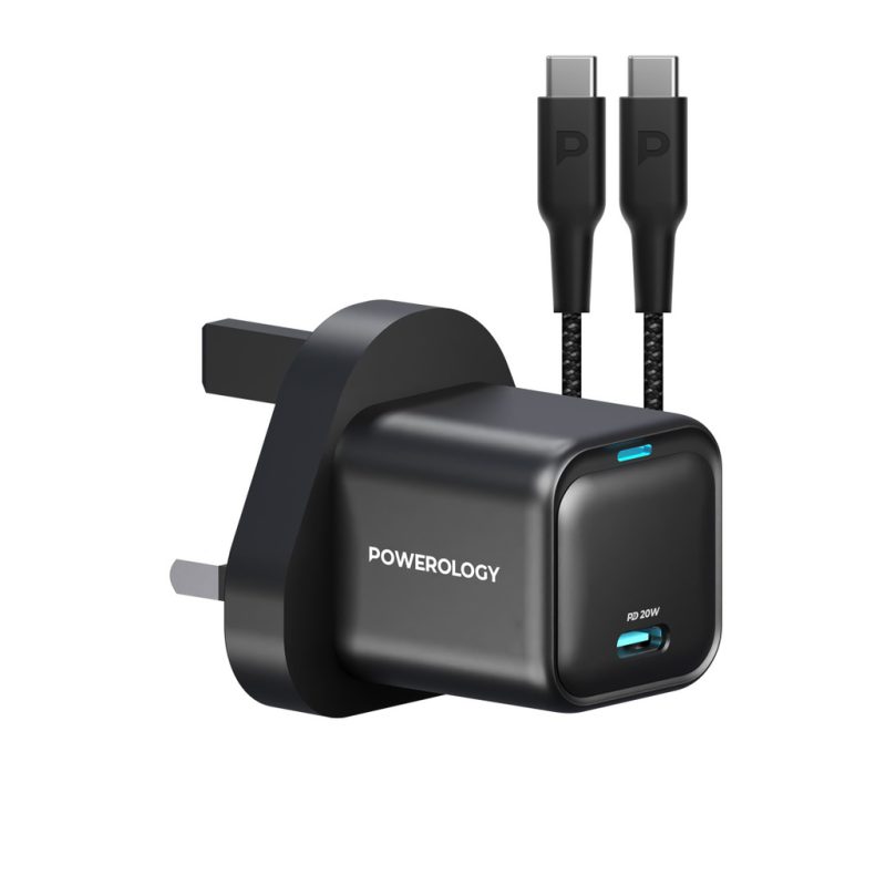PWCUQC016 C Powerology 20W Single C Port PD Charger UK with Type C to C 60W cable Black