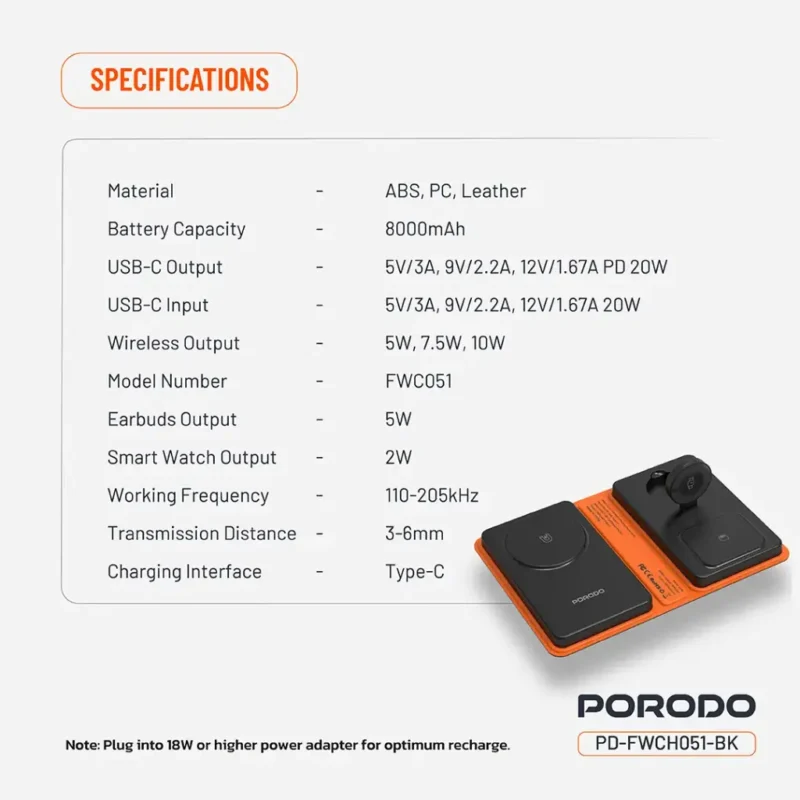 پاور بانک همراه چهار کاره مگ سیف پرودو Porodo 8000mAh Folding 4-Device Charger - Image 3