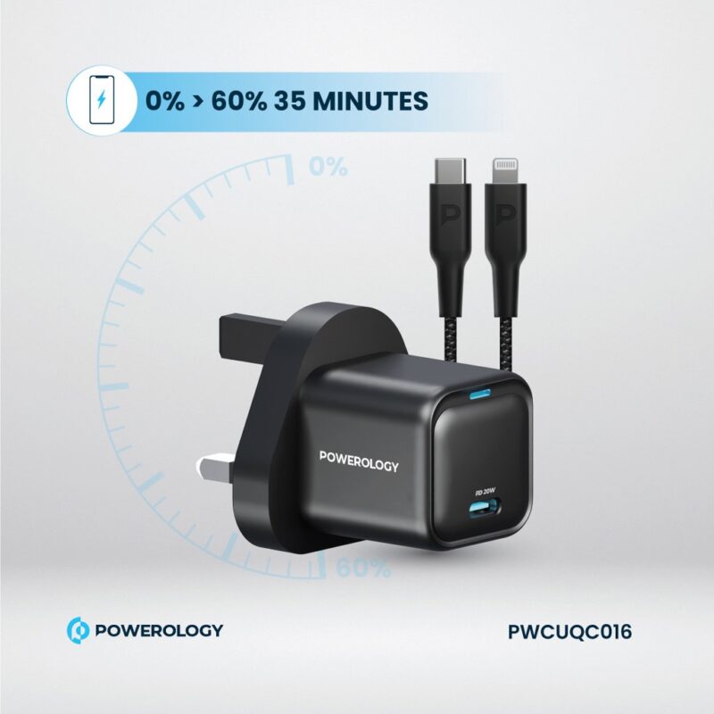 Powerology 20W Single C Port PD Charger UK Black 2