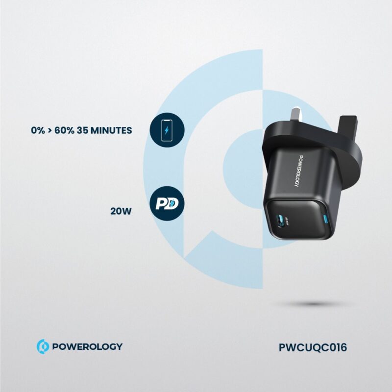 Powerology 20W Single C Port PD Charger UK Black 3