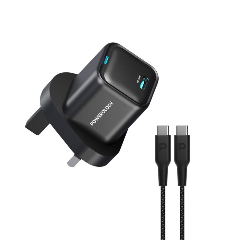 Powerology 20W Single C Port PD Charger UK with Type C to C 60W cable Black