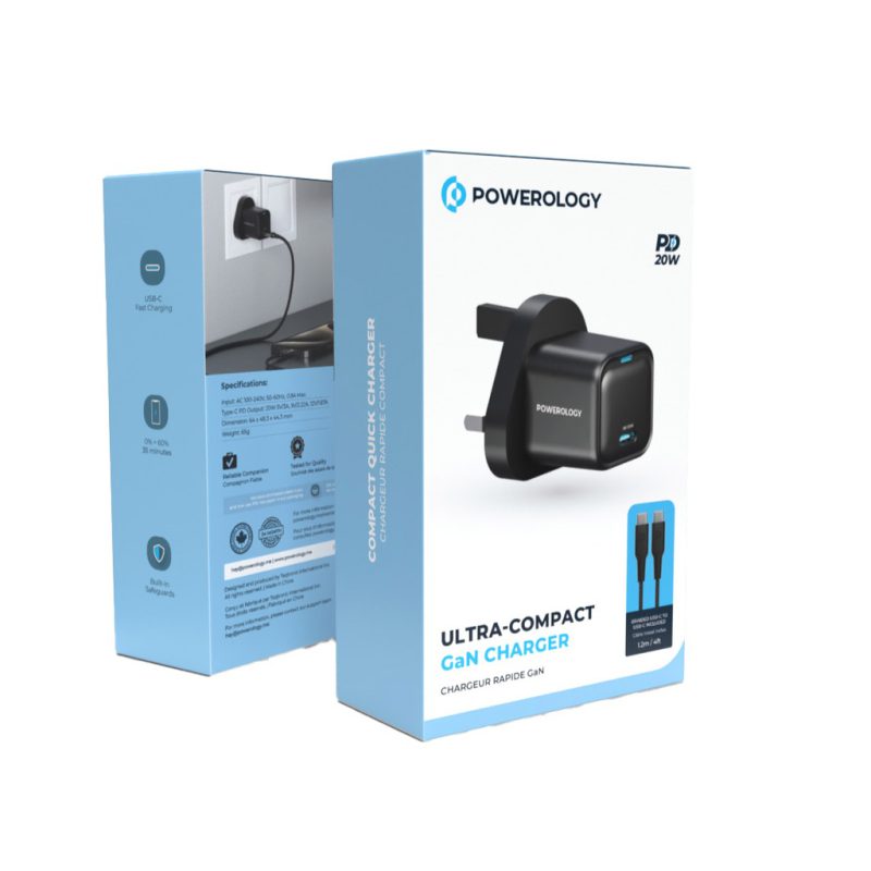 Powerology 20W Single C Port PD Charger UK with Type C to C 60W cable Black 1