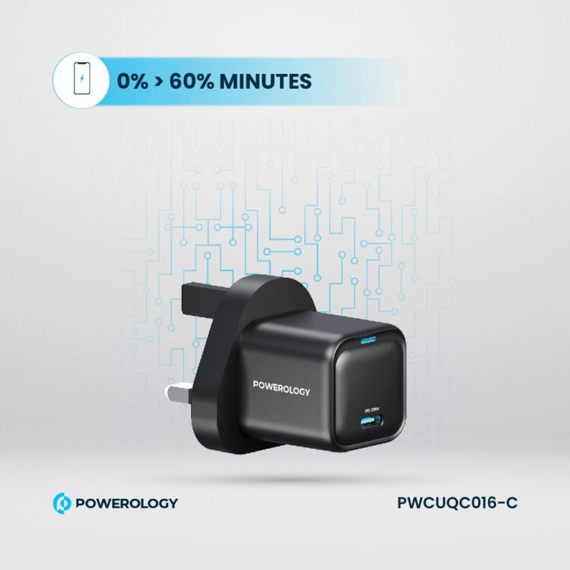 Powerology 20W Single C Port PD Charger UK with Type C to C 60W cable Black 2