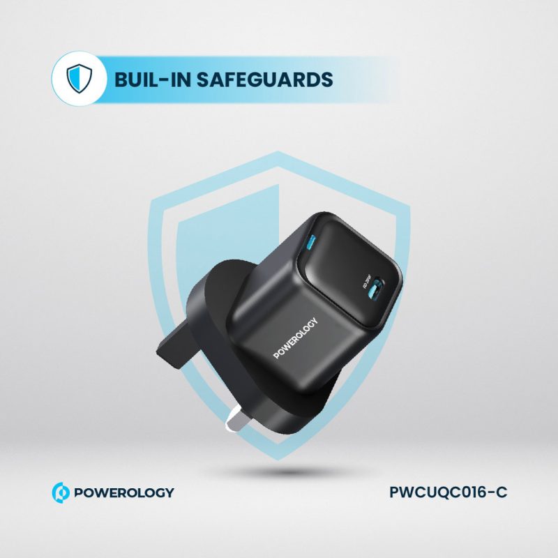 Powerology 20W Single C Port PD Charger UK with Type C to C 60W cable Black 3