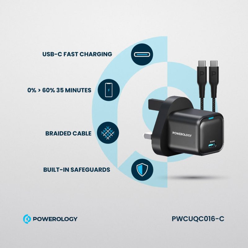 Powerology 20W Single C Port PD Charger UK with Type C to C 60W cable Black