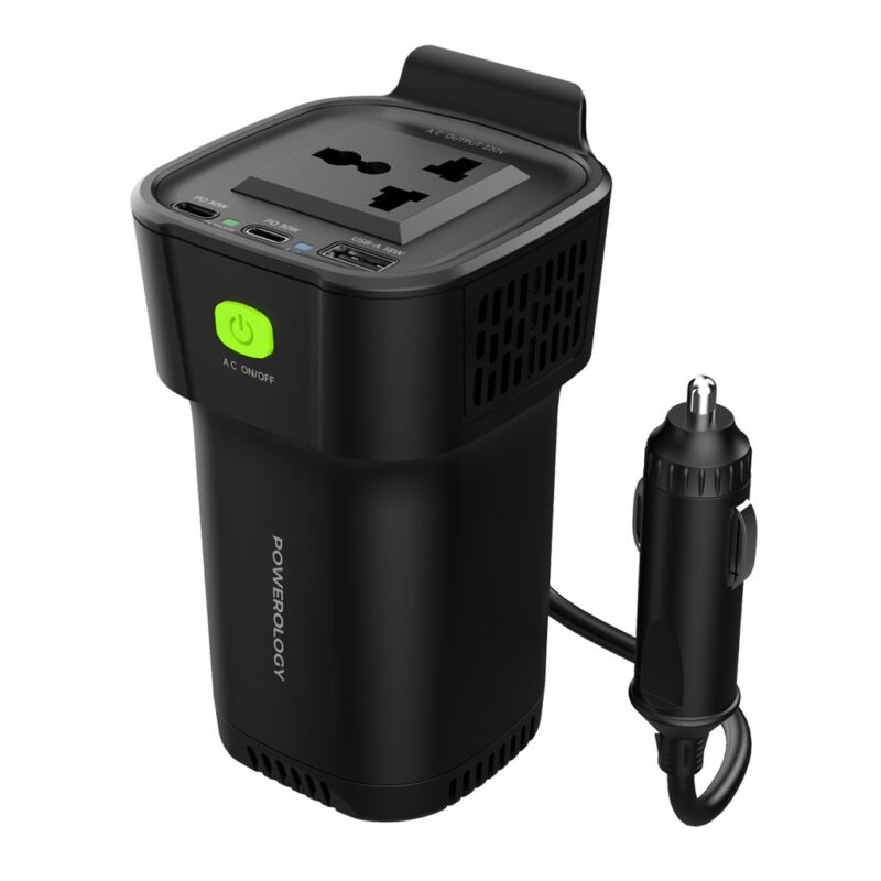 P150INVBK Powerology 150W Inverter AC Universal USB A 2type C DC Car 12V10A Black