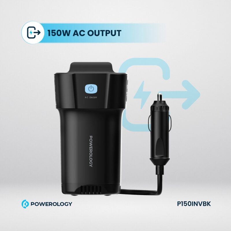 Powerology 150W Inverter AC Universal USB A 2type C DC Car 12V10A Black 2