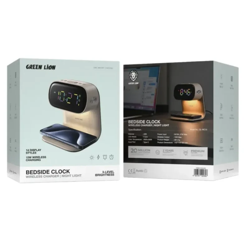 ساعت رو میزی گرین لاین Green Lion Bedside Clock with Wireless Charger - Image 2