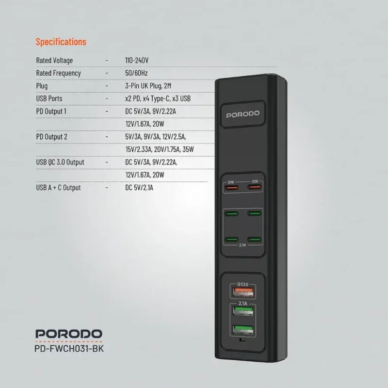 هاب شارژر 85 وات Porodo 85W Multi-Port USB Charging HUB - Image 2