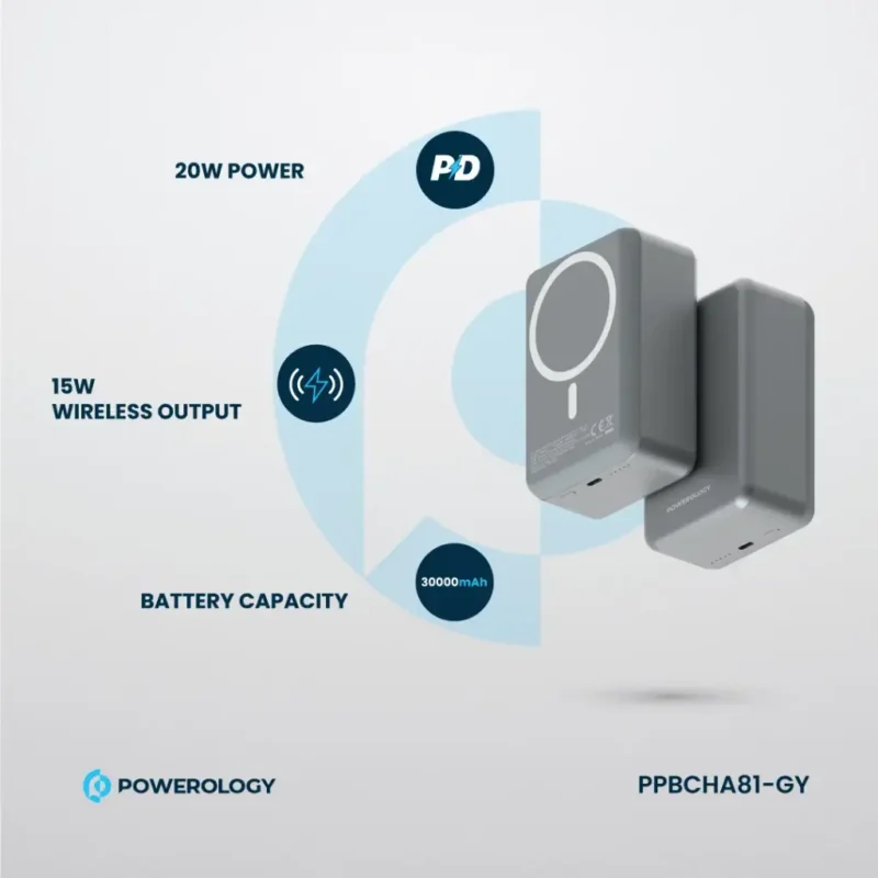 پاوربانک 30000 میلی آمپری پاورولوژی Powerology 30000mAh MagSafe Aluminum Power Bank - Image 3