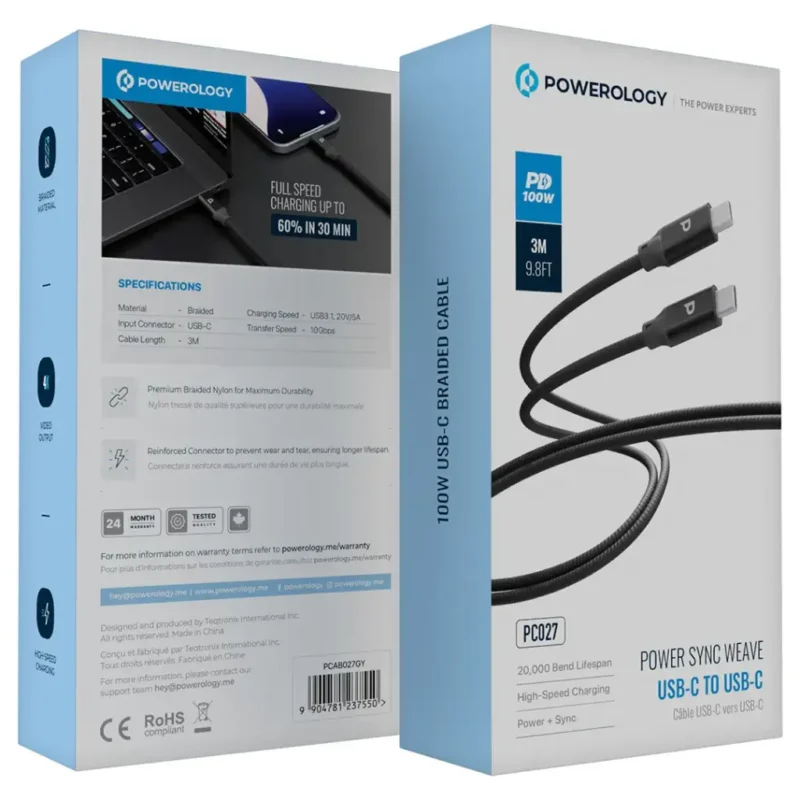 کابل شارژر تایپ سی به تایپ سی 3 متری پاورولوژی Powerology Power Sync Weave USB-C to USB-C 3m Cable PD 100W - Image 2