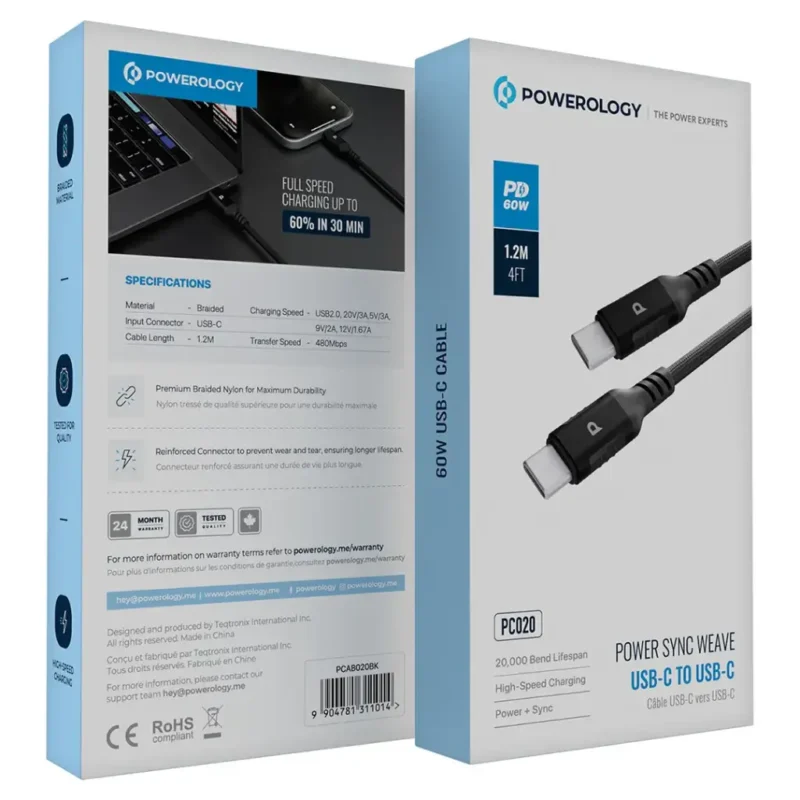 کابل تایپ سی به تایپ سی PC020 پاورولوژی Powerology Power Sync Weave USB-C to USB-C PD 60W - Image 2