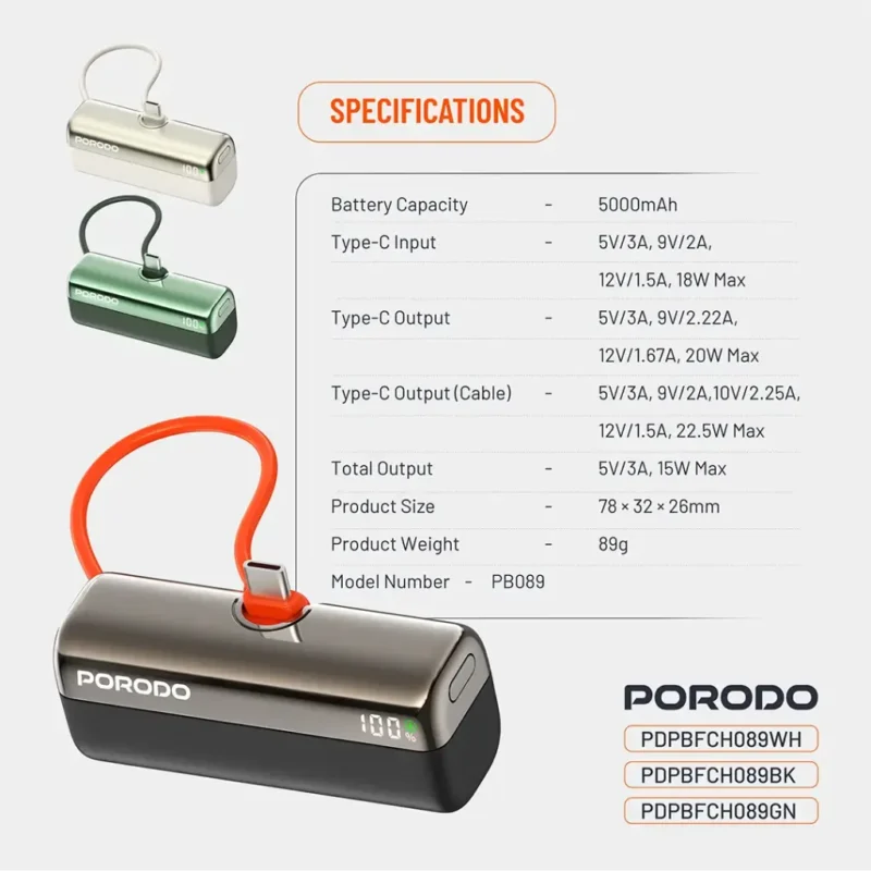 پاوربانک پاکت ولت پورودو Porodo Pocket Volt Power Bank - Image 5