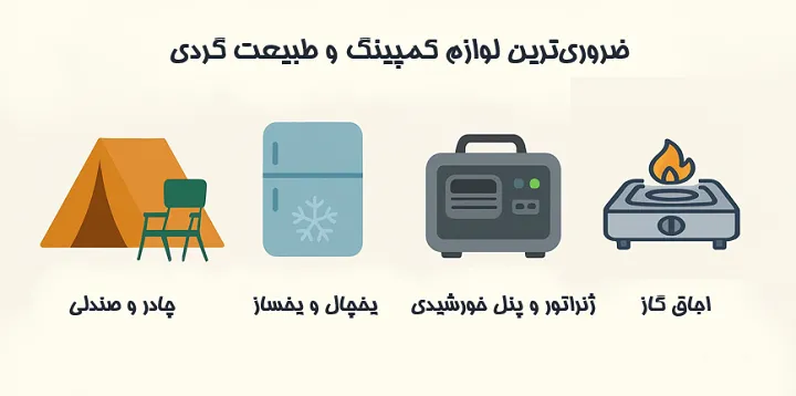 ضروری ترین لوازم کمپینگ- چادر و صندلی ،یخچال و یخساز ، ژنراتور . اجاق گاز 
