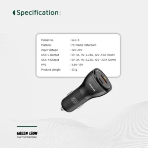 Green Lion Dual Port Car Charger 50W with C to C C to L Cable Black