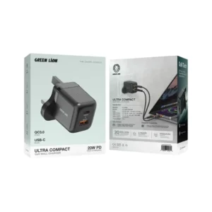 Green Lion Ultra Compact GaN Wall Charger UK Pin AC 20W with C to C C to L Cable Black