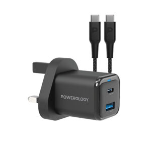 PWCUQC023 C Powerology 35W PD QC 1xUSB C 35W and 1xUSB A 18W GaN Charger UK with Type C to C 60W Black