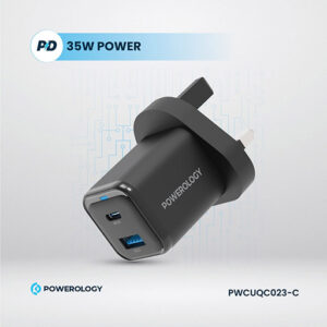Powerology 35W PD QC 1xUSB C 35W and 1xUSB A 18W GaN Charger UK with Type C to C 60W Black 1