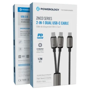 پکیجینگ کابل TYPE-C به TYPE-C دو سر پاورولوژی Powerology Zinco Series 2-In-1 Dual USB-C Cable