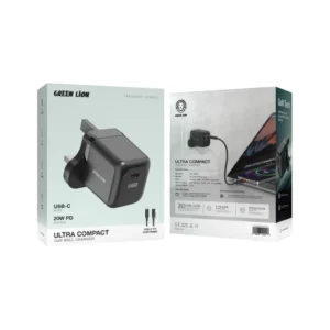 Green Lion Ultra Compact GaN Wall Charger UK Pin USB C 20W with C to C C to L Cable Black