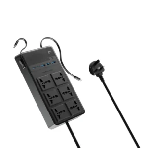 Powerology 2500W 6AC Power Strip with Built In Retractable Cables Black
