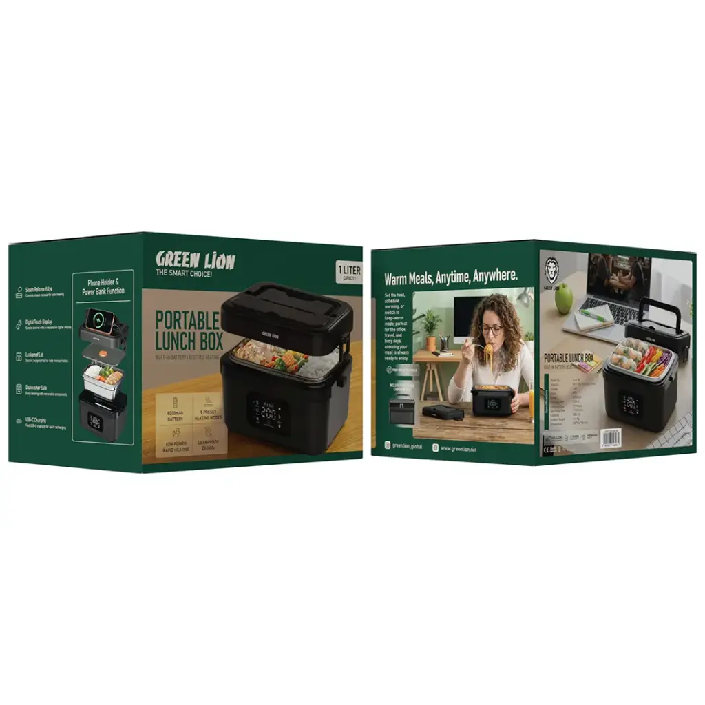 Green Lion Portable Lunch Box with Built In Battery Electric Heating Black
