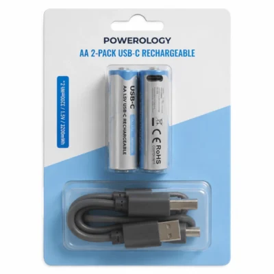 باتری قلمی شارژی 2 عددی مدل PWAA322 پاورولوژی Powerology AA 2-Pack USB-C Rechargeable