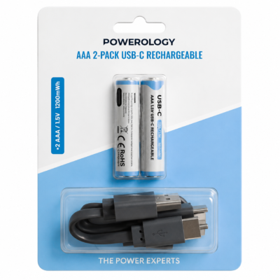 باتری نیم قلمی شارژی 2 عددی مدل PWAAA122 پاورولوژی Powerology AAA 2-Pack USB-C Rechargeable