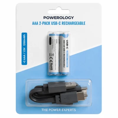 باتری نیم قلمی شارژی 2 عددی مدل PWAAA122 پاورولوژی Powerology AAA 2-Pack USB-C Rechargeable