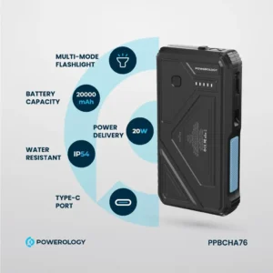 Powerology 20000mAh Solar Wireless Charging Power Bank Black